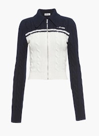 a women's sweater with white and blue stripes